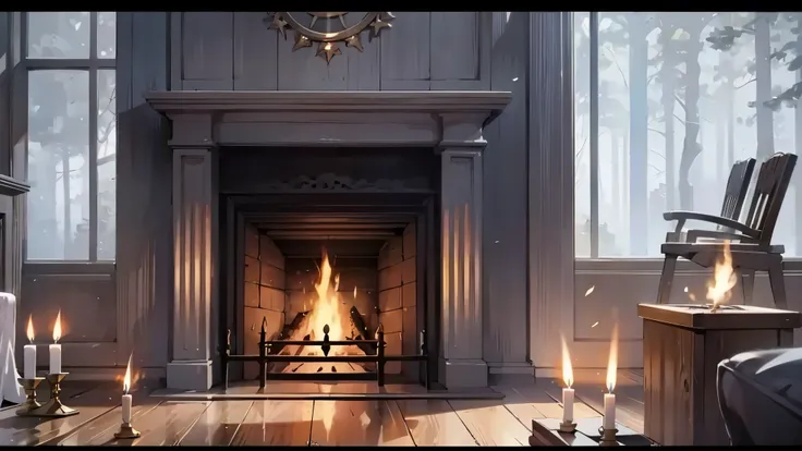 a fireplace, wooden floor, Candles, sparks from the fire