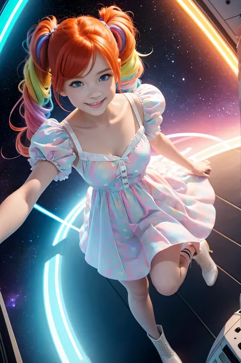 (overhead view) Cute redhead with rainbow colored hair tips, ribbons in her hair, 18-year-old woman, happy, smiling, in twin tails, perfect eyes, clear sparkling blue eyes, pale skin, silky smooth skin, flying a fancy metal luxurious space ship, futuristic...