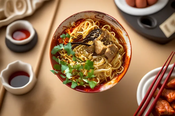 hint:Sichuan beef noodles,A rich and attractive visual feast。In an antique porcelain bowl,The rich aroma of red oil chili seeds and beef intertwined with the steaming noodles,Presenting the unique charm of Sichuan cuisine。Put the chopsticks next to the bow...