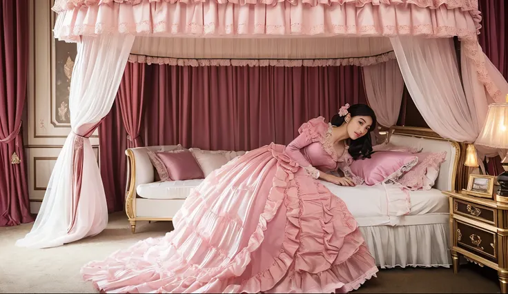 highest quality, masterpiece, highest resolution, artwork, super get used to it, many become familiar with, become familiar with, get used to it, romantic,woman, 10 years old,the girl is a princess,((girly dark pink satin fabric)),pink victorian dress, ((G...