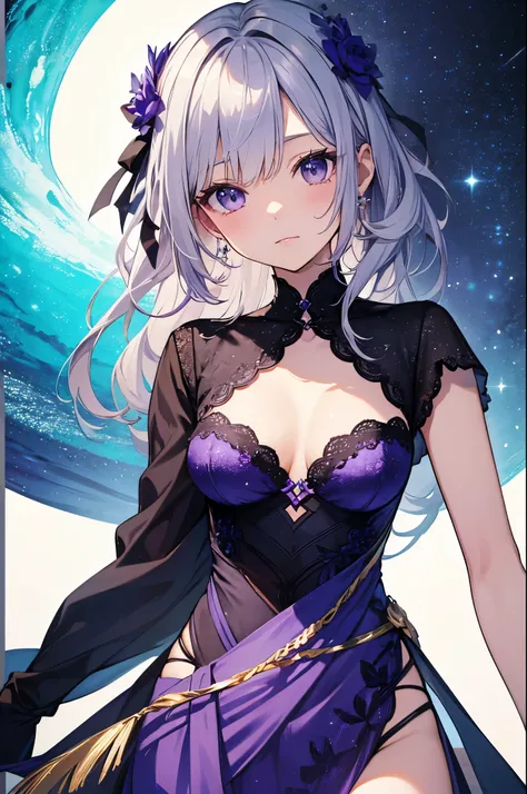 （masterpiece）、(highest quality)、((Super detailed))、(super delicate)、cute、Pastel colors hair、beautiful breasts、Gorgeous、fantastic sea of light、Silver and purple costume