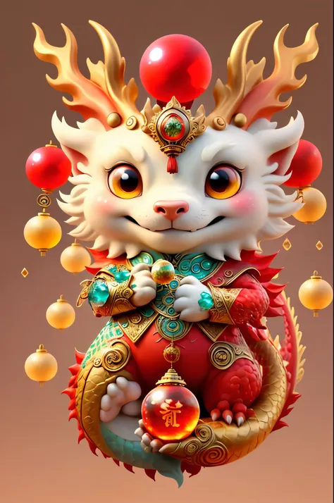 chinese dragon,hand holding a crystal ball, Majestic,background red,The picture quality is delicate,k hd,The expression is amiable