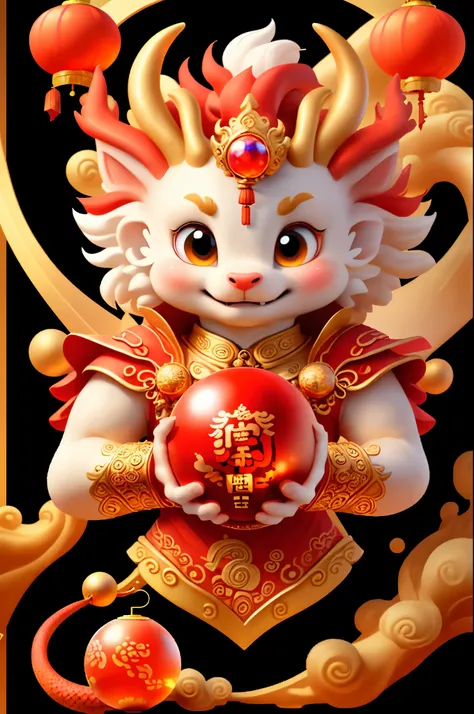 chinese dragon，hand holding a crystal ball, majestic，background red，the picture quality is delicate，k hd，the expression is amiab...