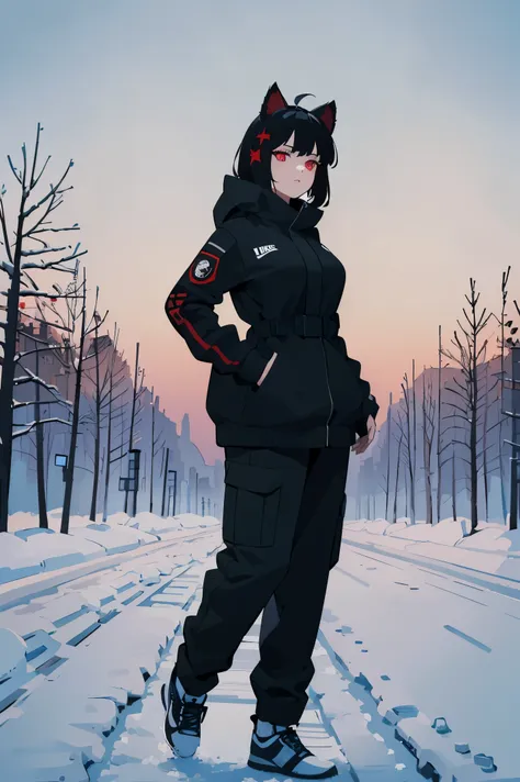 (masterpiece), ultra quality, 8k, expressive eyes, perfect face, big breasts, black hair ,red halo, military outfit, from below,...