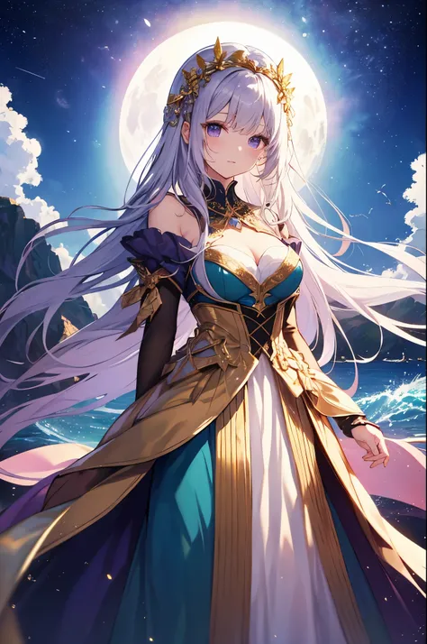 （masterpiece）、(highest quality)、((Super detailed))、(super delicate)、cute、Pastel colors hair、beautiful breasts、Gorgeous、fantastic sea of light、Gold, silver, and purple costumes