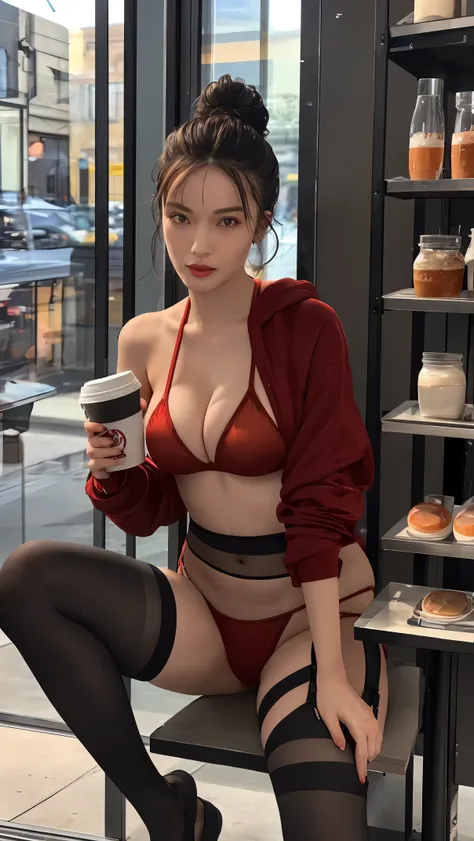 1 girl, dark hair, updo hairstyle, streaks of hair in face, red eyes, mascara, oversized sexy hoodie, midriff, sexy skimpy hot red luxury lingerie, transparent red luxury bikini, transparent laced tights, bags under eyes, sitting, coffee shop, ground angle...