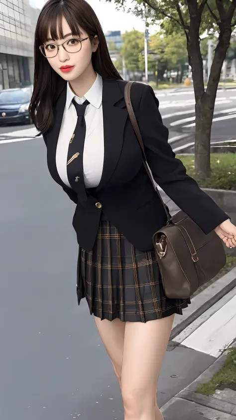 masterpiece, best quality, ultra-detailed, illustration,, (paisura:1.4), 1girl, glasses, big breasts, necktie, sexy skirt, bag, sexy school uniform, black hair, outdoors, road, between breasts, street, school bag, ground vehicle, danchi, japan, slender bod...