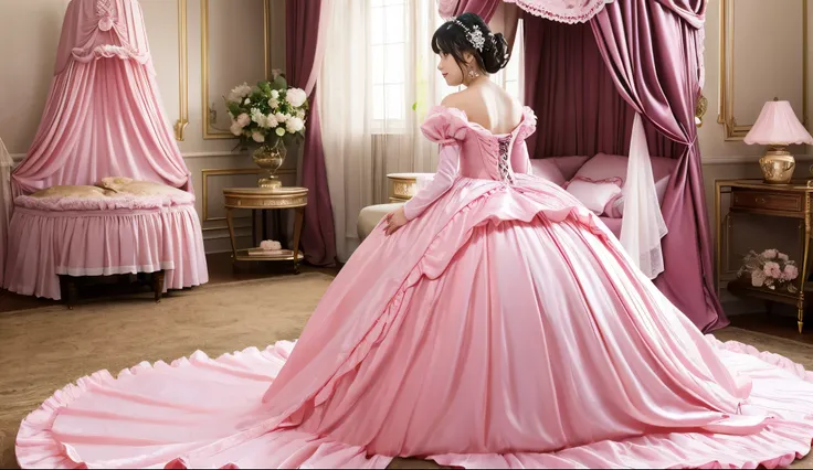 highest quality, masterpiece, highest resolution, artwork, super それにget used to it, many get used to it, get used to it, それにget used to it, romantic,woman, 10 years old,the girl is a princess,((girly dark pink satin fabric)),pink victorian dress, ((Gorgeou...