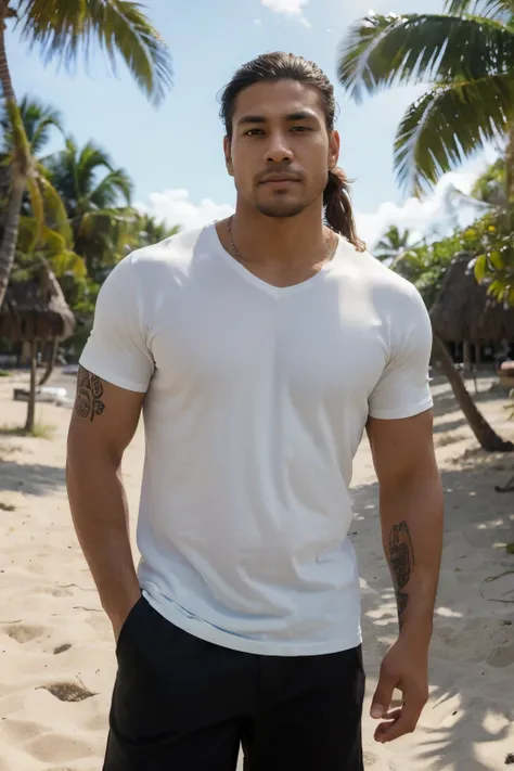 ((best quality)), ((masterpiece)), ((high res)), ((perfect photograph)), ((realistic)), (perfect face), handsome Polynesian man wearing a straight white shirt, looking towards the sun, light shining on shirt, no wrinkles in shirt, standing towards the came...