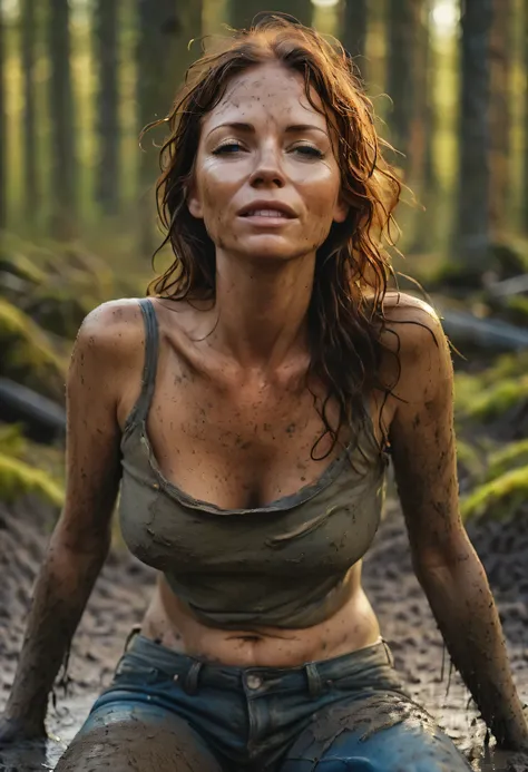 masterpiece:1.2, epic illustration:1.3, ultra-realistic photography of hot horny orgasmic-expressed woman 40 years old in (dirty, muddy) blue unbuttoned jeans and (dirty, muddy)  white T-shirt, indulging in shameful fetish with desperation and ecstasy,(sex...