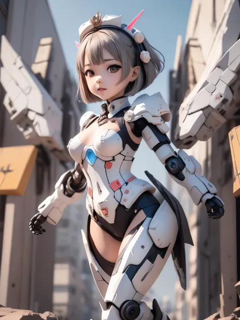 armor colored white and blue,a girl and a mecha,japanese young girl, {(wear gothic lolita clothes with white frills:1.2)}, {wears a futuristic Gundam style armor}, with headgear, with v-fin , armored shoulders,armored under arms, armored under legs,full bo...