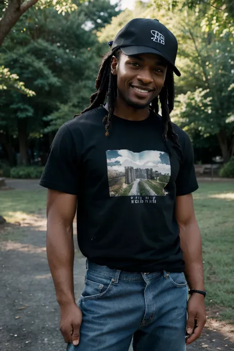 ((perfect landscape photograph)), ((realistic)), (perfect face), handsome black man wearing black t-shirt mockup, standing straight in front of the camera, wearing a black baseball cap backwards, dreads, man smiling, happy, hands in jean pockets, jeans are...