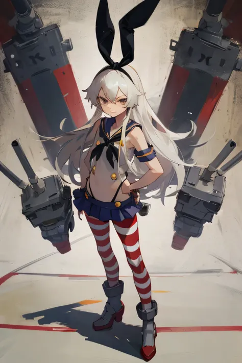1girl, cute, ((KanColle Shimakaze)), (mini skirt, striped panties, Standing posture), (masterpiece, best quality, ultra detailed:1.2),(smile:1.1),(angry),closed mouth
