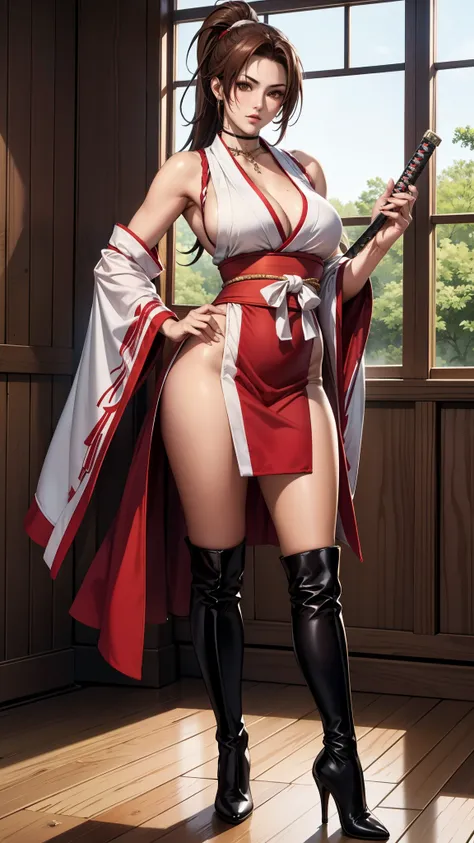 red dress,sleeveless, ((mai shiranui:1.2)), bare shoulders, brown hair, small lower back,brown eyes, high ponytail, hair tie,sup...