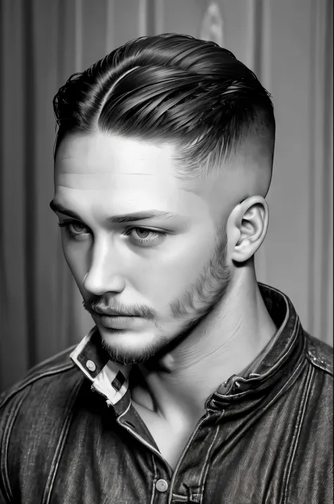 (black-and-white close-up of head) tom hardy, a 20-year-old boy, his white smooth skin is flawless, his eyes are deep, his chin ...