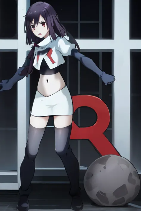 natsume, 1girl, crossdress-hairstyle, magic,    highres, absurdres,team rocket,team rocket uniform,white skirt,crop top,black thigh-highs,black elbow gloves,