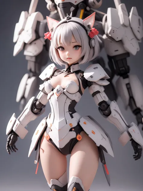 armor colored white and blue,a girl and a robot, japanese young girl, {(wear gothic lolita clothes with white frills:1.2)}, {wears a futuristic Gundam style armor}, with headgear, with v-fin , armored shoulders,armored under arms, armored under legs,full b...