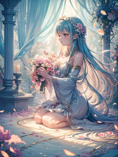 soft lighting, dreamy atmosphere, ethereal aesthetic, fantasy theme, nature elements, floral background, delicate details, flowing hair, whimsical pose, vibrant colors, flower petal falling, praying, kneeling down