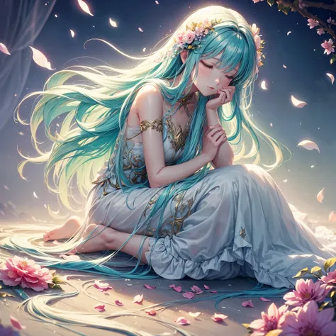 soft lighting, dreamy atmosphere, ethereal aesthetic, fantasy theme, nature elements, floral background, delicate details, flowing hair, whimsical pose, vibrant colors, flower petal falling, praying, kneeling down