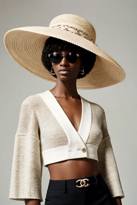 Fashion design work feauturing a (Chanel) female (Nigerian) model wearing minimalist women’s clothing, wearing a big hat and Chanel sunglasses, shot in a Bauhaus buiding with bright and soft lighting, creative a minimalist and sleek style with a sense of s...