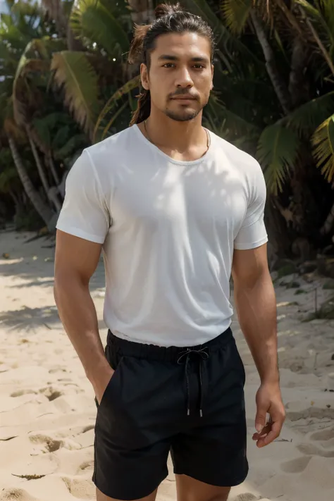 ((best quality)), ((masterpiece)), ((high res)), ((perfect photograph)), ((realistic)), (perfect face), handsome Polynesian man, wearing a straight black shirt, in the sun, light shining on shirt, no wrinkles on shirt, standing on the beach facing the came...