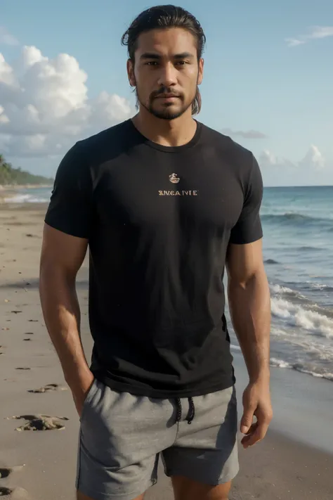 ((best quality)), ((masterpiece)), ((high res)), ((perfect photograph)), ((realistic)), (perfect face), handsome Polynesian man, wearing a straight black shirt, in the sun, light shining on shirt, no wrinkles on shirt, standing on the beach facing the came...