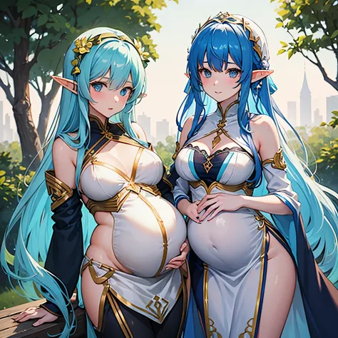 Sexy pregnant elf, blue hair, white dress with golden highlights