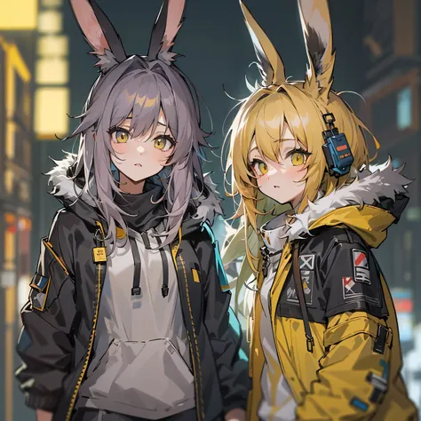 2 girls, jacket, outdoor, hoodie, open jacket, chain,cute, kawai, looking at another, trending on artstation, 8k resolution, highly detailed, anatomically correct, sharp image, digital painting, concept art, trending on pixiv ,yellow color clothes,glow in ...