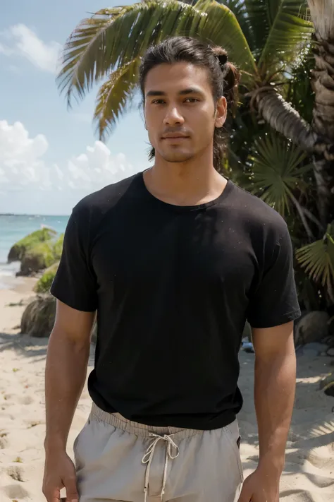 ((best quality)), ((masterpiece)), ((high res)), ((perfect photograph)), ((realistic)), (perfect face), handsome Polynesian man, wearing a straight black shirt, in the sun, light shining on shirt, no wrinkles on shirt, standing on the beach facing the came...