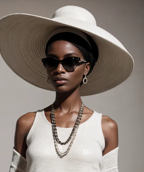 fashion design work feauturing a (chanel) female (nigerian) model wearing minimalist women’s clothing, wearing a big hat and cha...