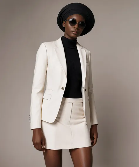 Fashion design work feauturing a (Chanel) female (Nigerian) model wearing minimalist women’s clothing, wearing a big hat and Chanel sunglasses, shot in a Bauhaus buiding with bright and soft lighting, creative a minimalist and sleek style with a sense of s...