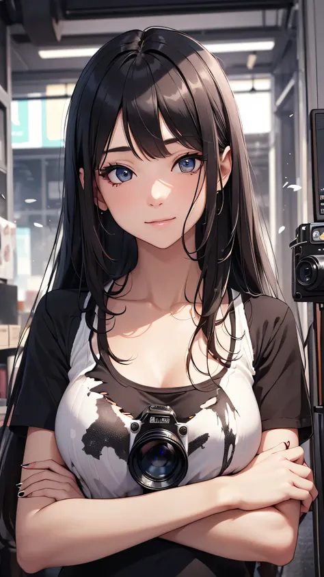 最high quality、best image quality、masterpiece、teenage girl((18-year-old、 By becoming、vest bust、medium bust,wide open breast tea、black eye, black hair、long hair、thin,highest valley、Torn black t-shirt(2:3)、cute smile,damaged pants(2:3)、Service Shots)),high qu...