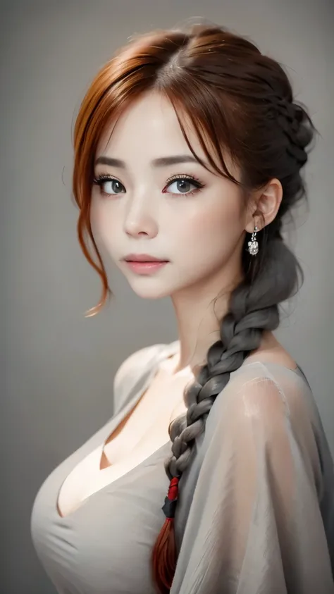 one woman、１４talent、close up of face、very cute face、((beautiful clear gray eyes:1.1、Ash gray hair:1.3、thick braids、Red hair ornament、natural skin texture、intricate details、(((highest quality、ultra high resolution、reality、hyper realism、master piece:1.1、Portr...