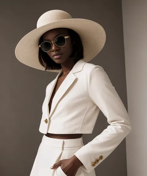 Fashion design work feauturing a (Chanel) female (Nigerian) model wearing minimalist women’s clothing, wearing a big hat and Chanel sunglasses, shot in a Bauhaus buiding with bright and soft lighting, creative a minimalist and sleek style with a sense of s...