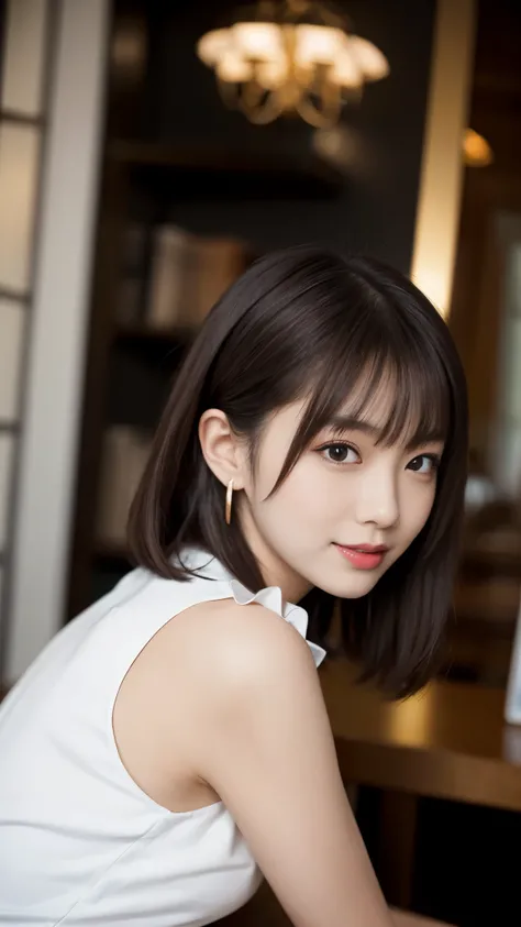 beautiful japanese woman，Photos taken by a professional photographer，Fancy makeup with red eyeshadow，double eyelid，The best smile，Delicate brown hair with short cut and side waves，big ring earrings，elegant legs，Wearing black high heels，long and thin legs, ...