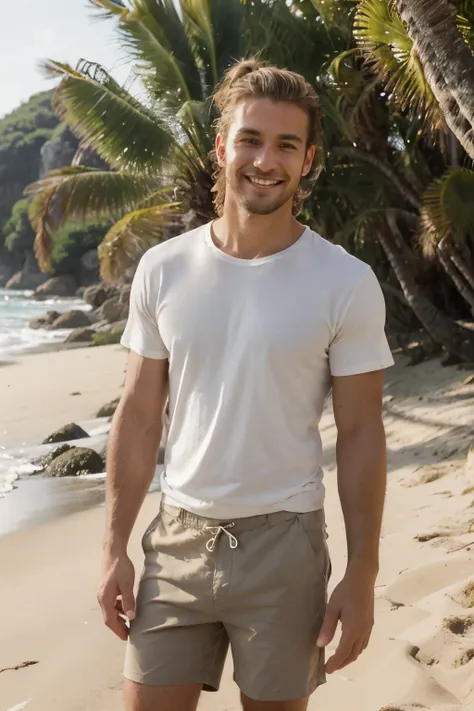 ((best quality)), ((masterpiece)), ((high res)), ((perfect photograph)), ((realistic)), (perfect face), handsome man, wearing a straight white shirt, in the sun, light shining on shirt, no wrinkles on shirt, standing on the beach facing the camera, man bun...