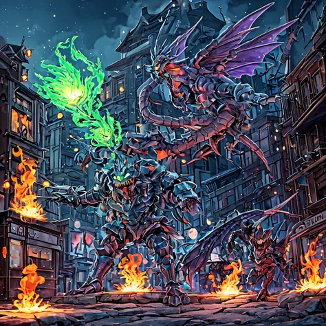 a creepy demon lit with an inner green fire and armored body with big wings and teeth stalks the streets of a city, use soft col...