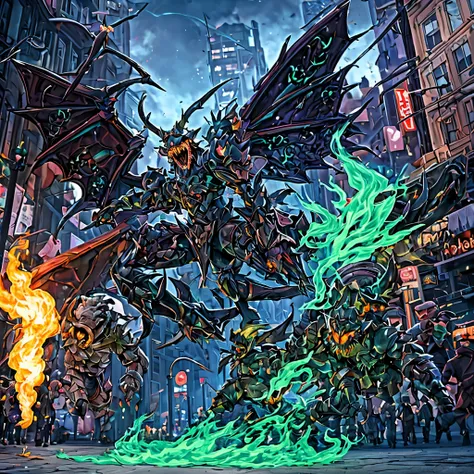 a creepy demon lit with an inner green fire and armored body with big wings and teeth stalks the streets of a city, use soft col...