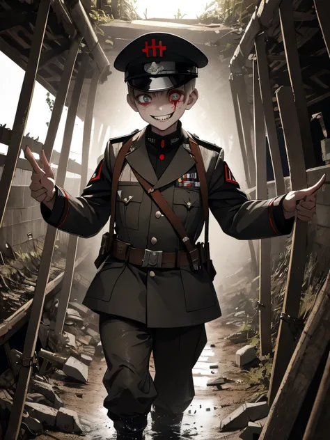 A psychopathic smiling boy soaked in blood wearing a black nazi ss uniform inside a world war 1 army trench aiming a world war 2 aiming a german luger pistol