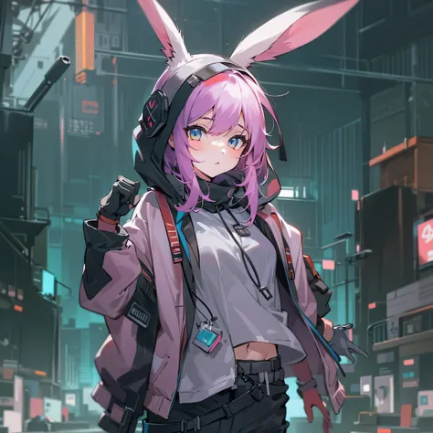 1 girls, jacket, outdoor, hoodie, open jacket, chain,cute, kawai, looking at another, trending on artstation, 8k resolution, highly detailed, anatomically correct, sharp image, digital painting, concept art, trending on pixiv ,pink and cyan and purple colo...