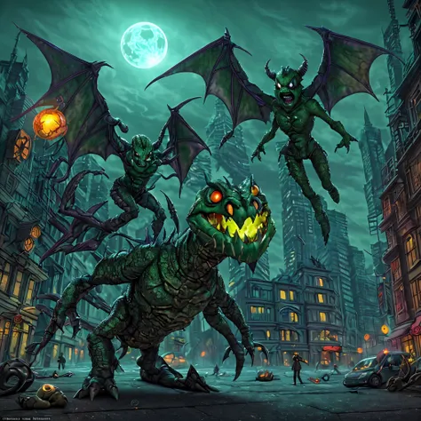 A creepy demon with an armored body, big wings, and sharp teeth stalks the streets of a city, lit by an eerie inner green fire. The demons eyes glow with a menacing intensity. The demons body is covered in a dark, metallic armor that reflects the dim city ...