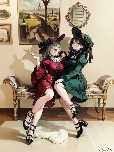 two women in victorian dress sitting on a bench in a room, victorian gothic lolita fashion, victorian inspired clothing, rococo ruffles dress, rococo dress, victorian style costume, lolita style, both wearing victorian clothes, lolita fashion, ( ( dark gre...