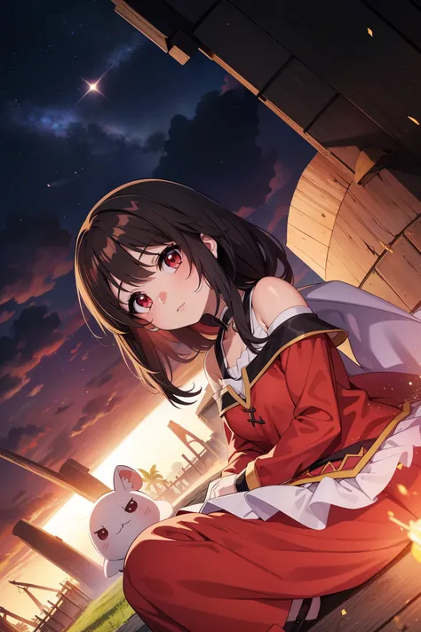 1 garota (Megumin) em、Cabelo castanho curto 、red eyes、Drawn from a specific angle、Looking at the camera、dedo delicado、beautiful  lighting、fofinho pink and white dress、fofinho、Plano de fundo com　Stars shine in the night sky(High resolution of the highest qu...