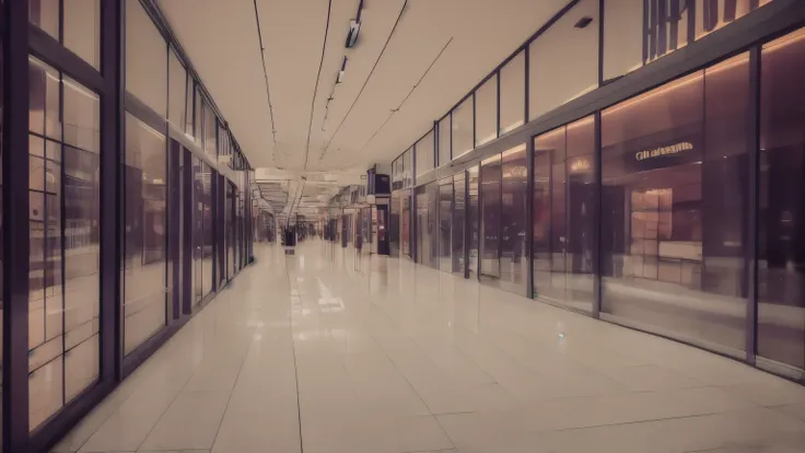 Abstract blur shopping mall corridor. Blurred retail and hall interior in department store. Defocused bokeh effect background or backdrop for business concept.