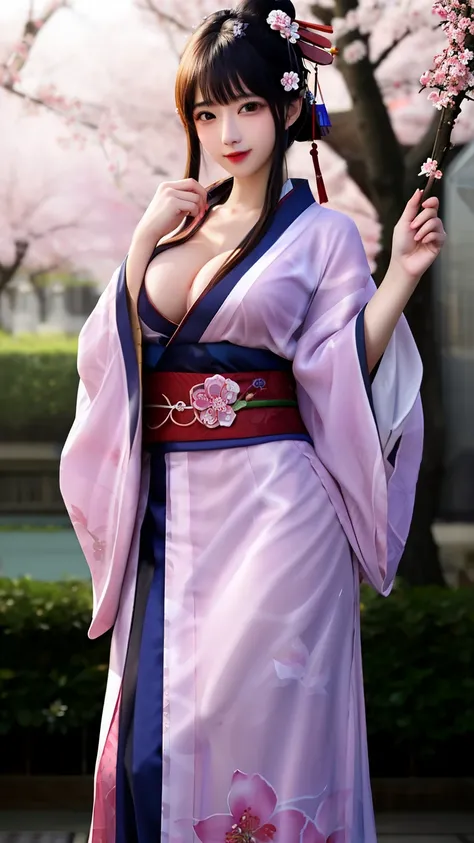 A girls big boobs make a transparent kimono nude on the sakura garden realistic