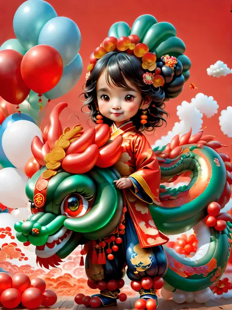 ((1 cute and festive Chinese dragon made of balloons and a little girl made of balloons, wearing traditional Chinese clothes made of balloons, Spring Festival, firecrackers, auspicious clouds, red background)), Cute and detailed digital art, lovely digital...