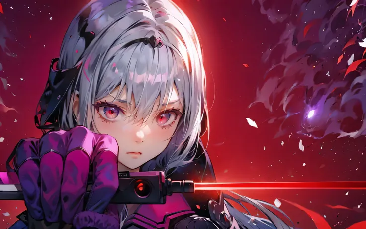 armor、gray hair、Red-eyed anime girl holding a gun in front of a purple and red background, Gap Moe Yandere Grim Dark, portrait Gap Moe Yandere Grim Dark, gapmoe yandere, with shining red eyes, Red lasers, terrible anime 8k, Red laser, Best Anime 4K Kona-ch...