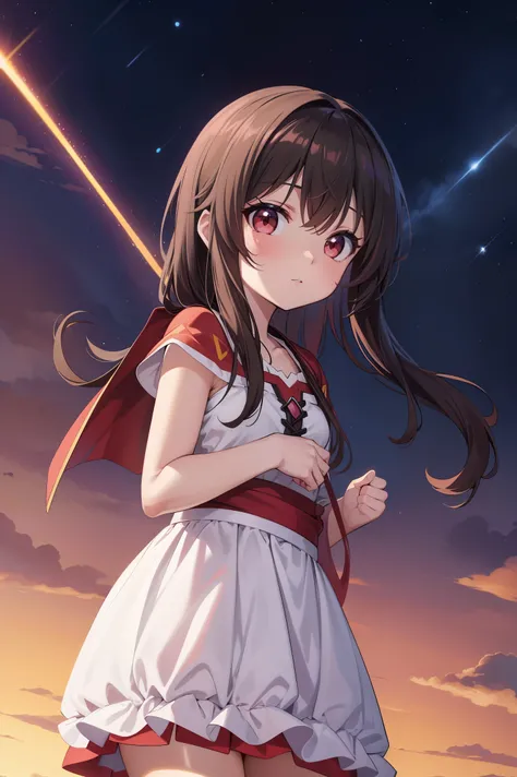 1 garota (Megumin) em、Cabelo castanho curto 、red eyes、Drawn from a specific angle、Looking at the camera、dedo delicado、beautiful  lighting、fofinho pink and white dress、fofinho、Plano de fundo com　Stars shine in the night sky(High resolution of the highest qu...