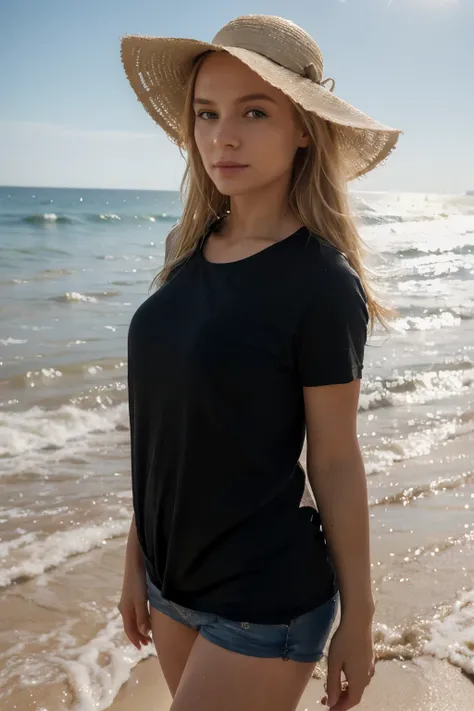 ((best quality)), ((masterpiece)), ((high res)), ((perfect photograph)), ((realistic)), (perfect face), gorgeous woman, blonde hair, on beach, walking towards camera on beach, wearing a long black t-shirt, happy, wearing sunhat, light shining on shirt, kno...