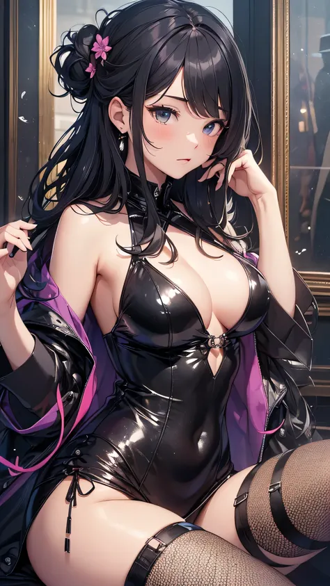 最high quality、best image quality、masterpiece、teenage girl((18-year-old、 By becoming、vest bust、medium bust,wide open breast tea、black eye, black hair、long hair、thin,highest valley、beautiful black dress)),high quality、beautiful art、background((Luxurious venu...